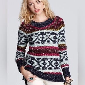 Free People Silver Reed Fair Isle Sweater Oversized Chunky Knit Raglan‎ Sleeve S